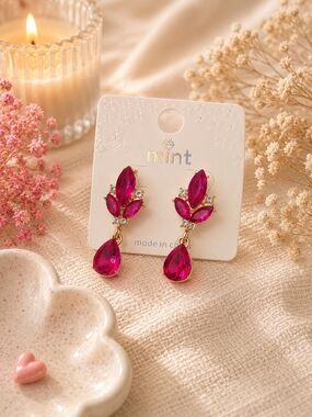 Magenta Drop Earrings with Clear Accents